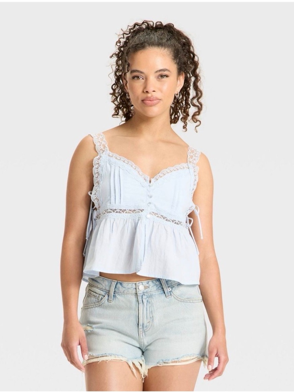 Wild Fable Lace-Trim Light Blue Cropped Top